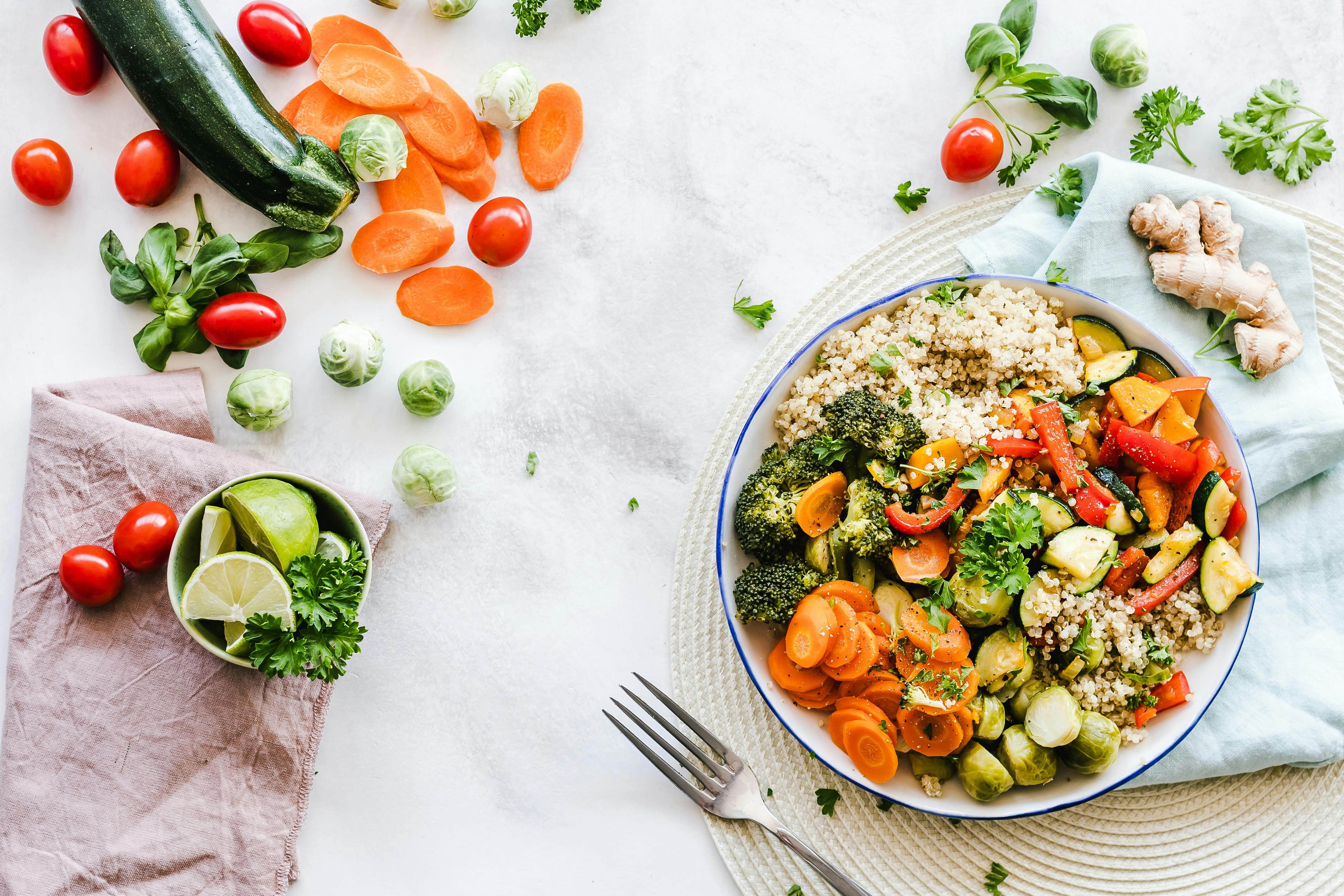 Balanced meal ingredients displayed on a table